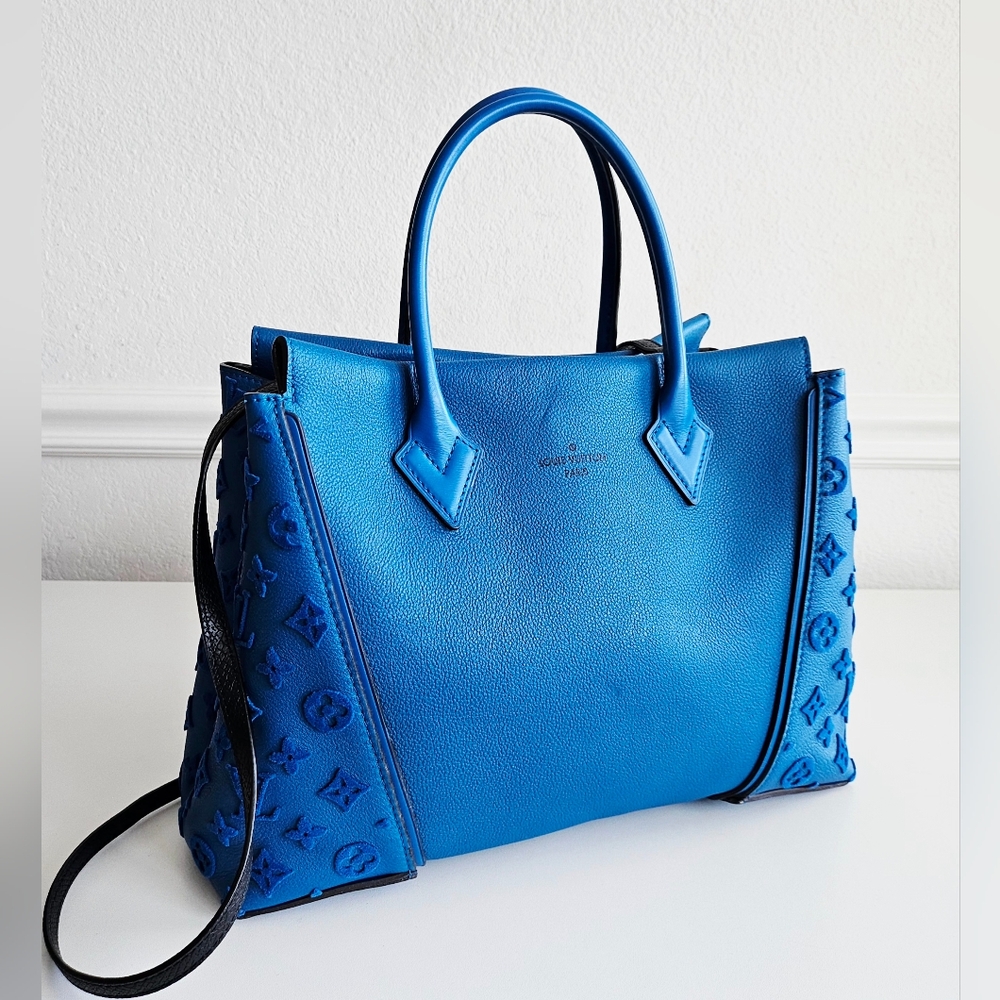 Louis Vuitton Electric Blue Leather Tote with Embossed Monogram Panels